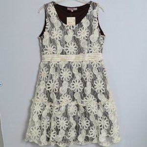NWT Young Essence Ivory Over Brown Sleeveless Lace Floral Dress Size L MSRP $85